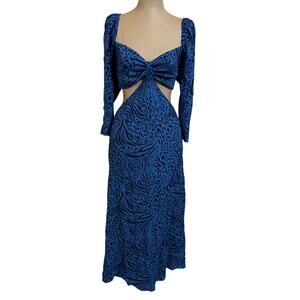 Reformation Midi Dress Blue Animal Print Waist Cut Out Long Sleeve New